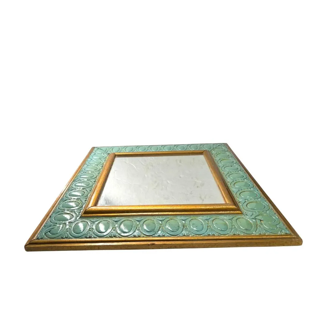 40's-50' vintage wall handing mirror pastel mint green verdigris embossed wooden